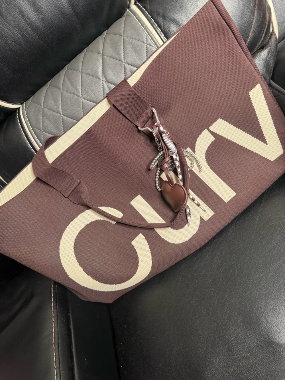 Dark Brown Canvas Tote with Heart Charm Accent